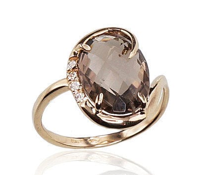 Kuldsõrmus #1100023(Au-Y)_CZ+KZSM, Kullakarva Kuld 585°, Tsirkonid , Suitsukvarts - Premiumkellad