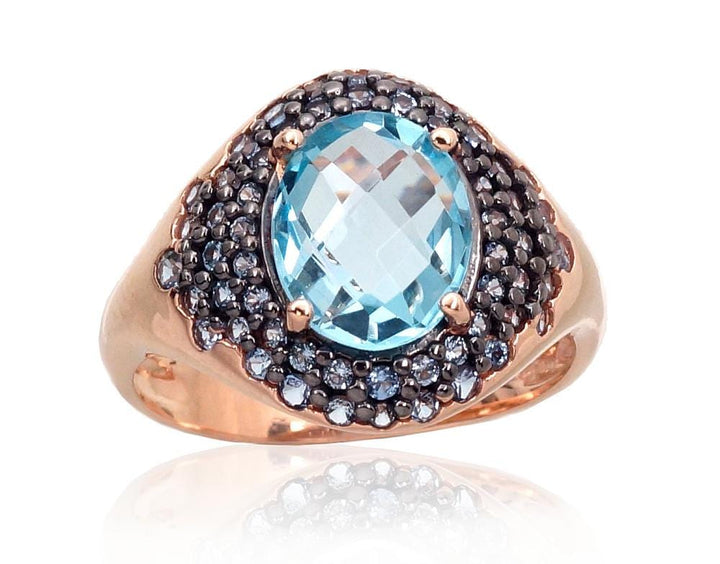 Kuldsõrmus #1100961(Au-R+PRh-Bk)_CZ-LB+TZLB, Punane Kuld 585°, roodium (kate) , Tsirkonid , Taevakarva sinine topaas - Premiumkellad