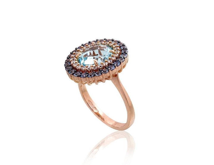 Kuldsõrmus #1100964(Au-R+PRh-Bk)_CZ+CZ-LB+TZLB, Punane Kuld 585°, roodium (kate) , Tsirkonid , Taevakarva sinine topaas - Premiumkellad