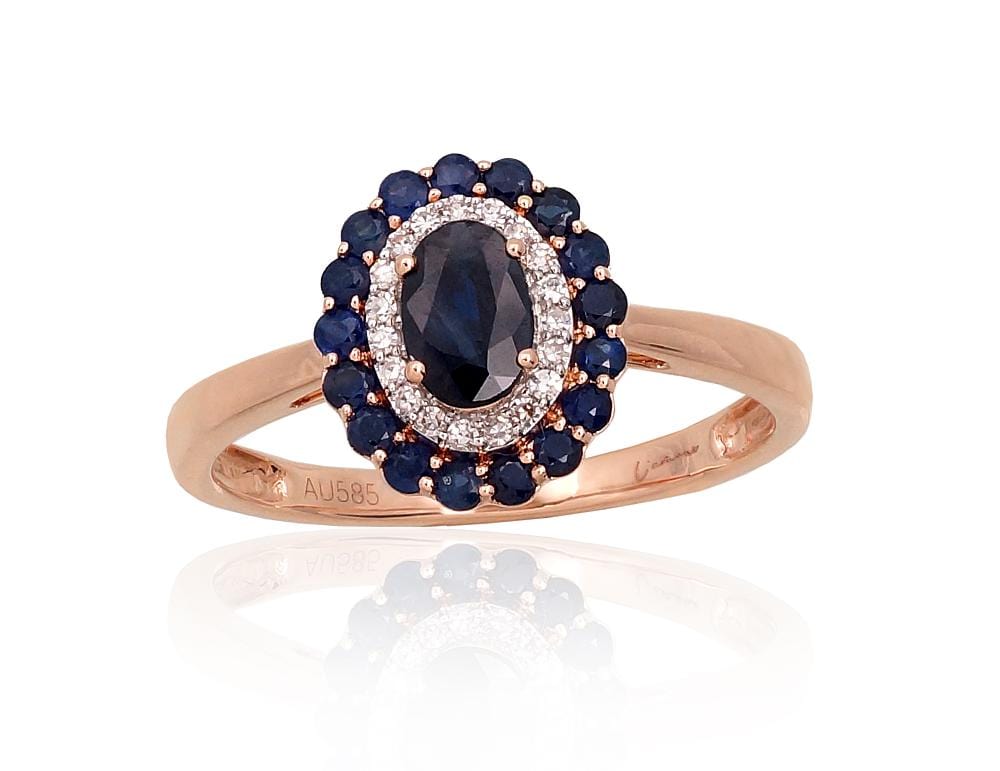 Kuldsõrmus #1101062(Au-R+PRh-W)_DI+SA, Punane Kuld 585°, roodium (kate) , Briljant , Safiir - Premiumkellad