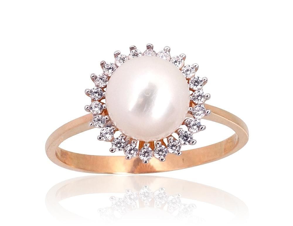 Kuldsõrmus #1101134(Au-R+PRh-W)_CZ+PE, Punane Kuld 585°, roodium (kate) , Tsirkonid , Pärlitest - Premiumkellad