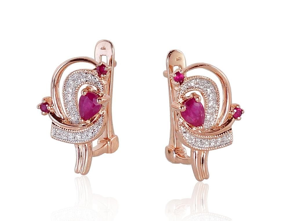 'Inglise' sulguriga kullast kõrvarõngad #1200503(Au-R+PRh-W)_DI+RB, Punane Kuld 585°, roodium (kate) , Briljant , Rubiin - Premiumkellad