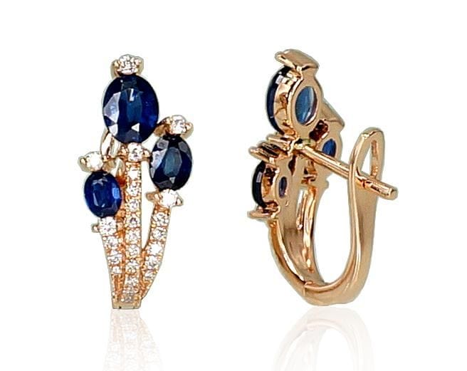 'Inglise' sulguriga kullast kõrvarõngad #1200504(Au-R)_DI+SA, Punane Kuld 585°, Briljant , Safiir - Premiumkellad