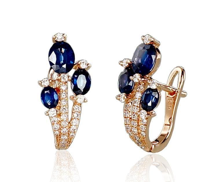 'Inglise' sulguriga kullast kõrvarõngad #1200504(Au-R)_DI+SA, Punane Kuld 585°, Briljant , Safiir - Premiumkellad