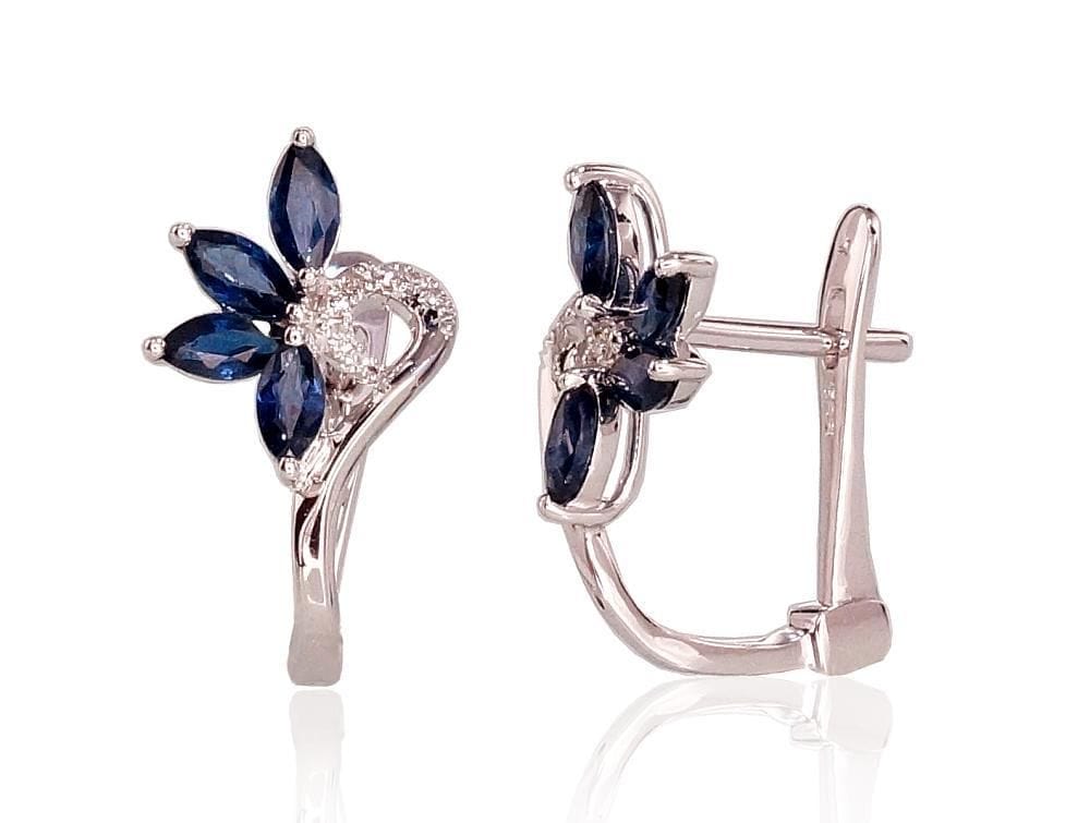 'Inglise' sulguriga kullast kõrvarõngad #1200717(Au-W)_DI+SA, Valge Kuld 585°, Briljant , Safiir - Premiumkellad
