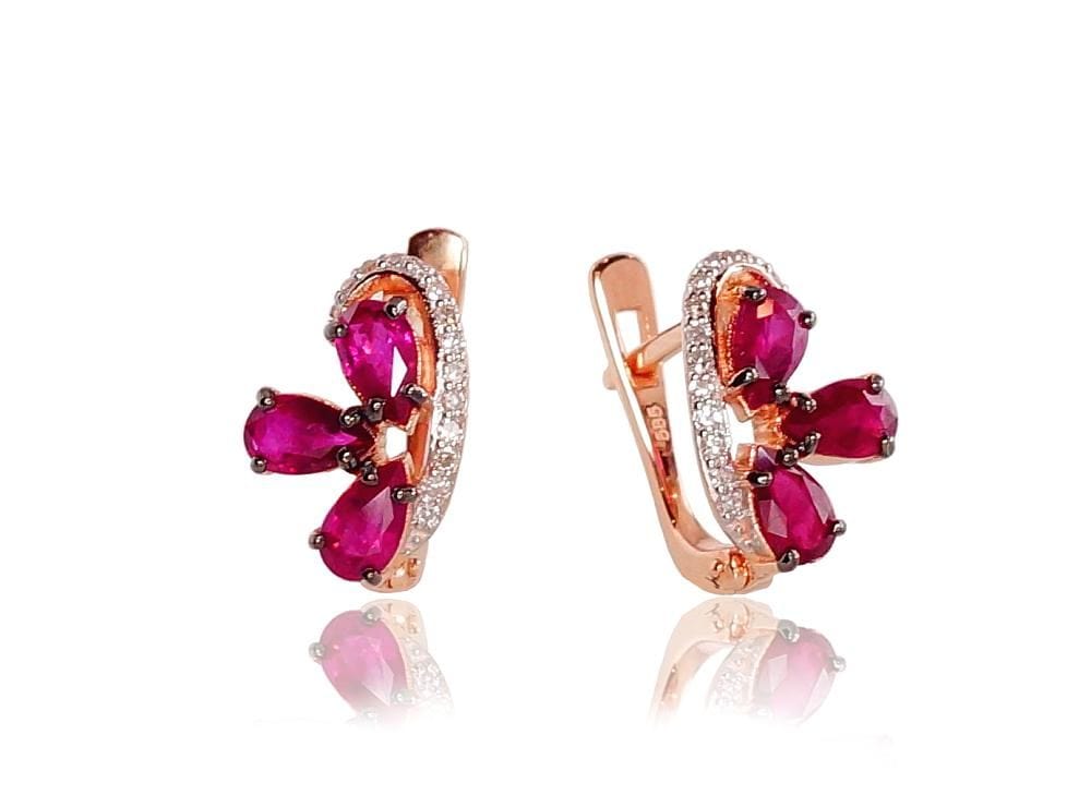 'Inglise' sulguriga kullast kõrvarõngad #1200787(Au-R+PRh-W+PRh-Bk)_DI+RB, Punane Kuld 585°, roodium (kate) , Briljant , Rubiin - Premiumkellad