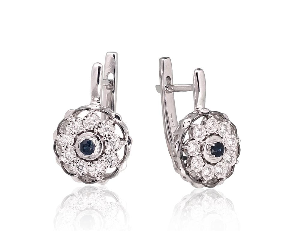 Kullast kõrvarõngad #1201419(Au-W+PRh-Bk)_DI+SA, Valge Kuld 585°, roodium (kate) , Briljant , Safiir - Premiumkellad