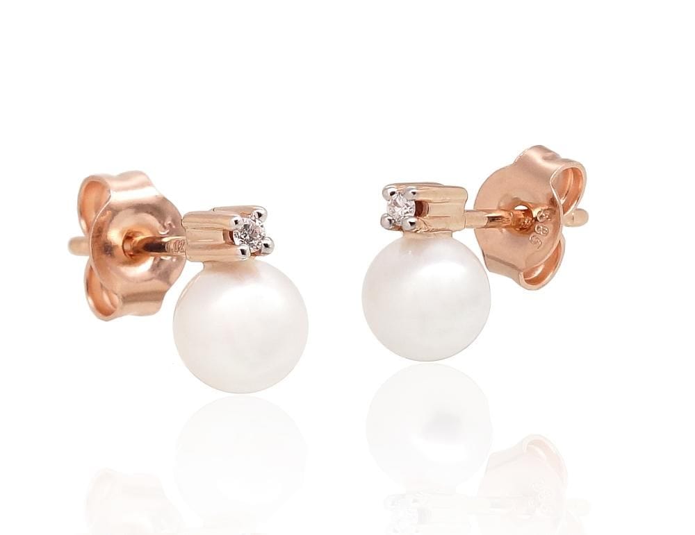 Kullast naelkõrvarõngad #1201487(Au-R+PRh-W)_DI+PE, Punane Kuld 585°, roodium (kate) , Briljant , Pärlitest - Premiumkellad