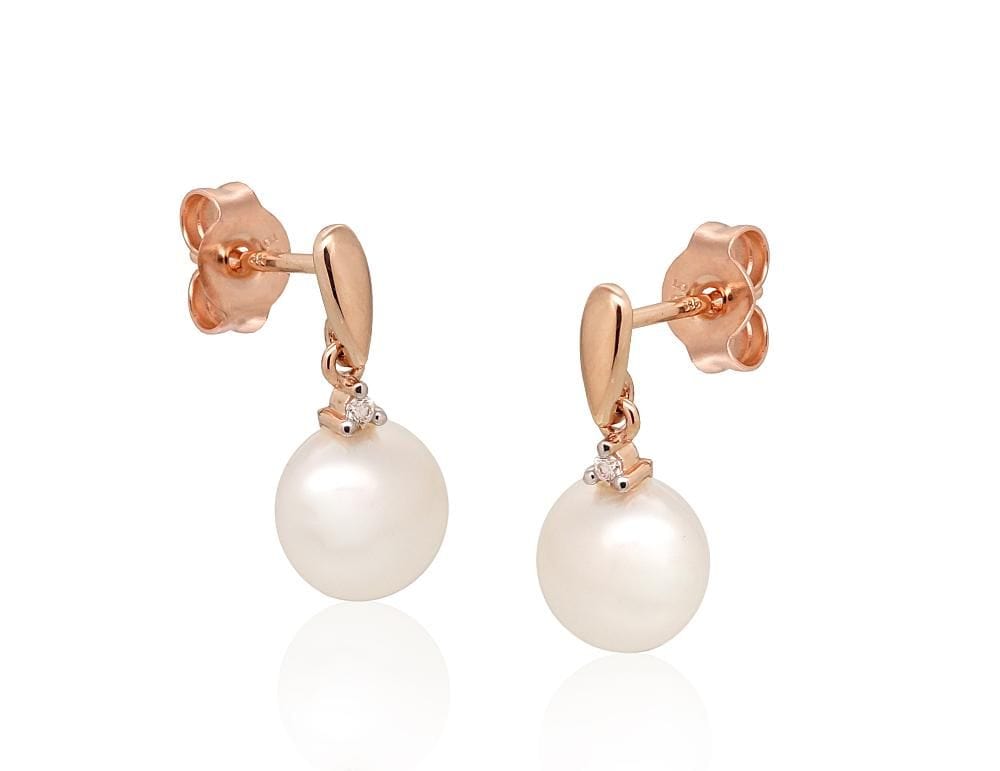 Kullast naelkõrvarõngad #1201488(Au-R+PRh-W)_DI+PE, Punane Kuld 585°, roodium (kate) , Briljant , Pärlitest - Premiumkellad