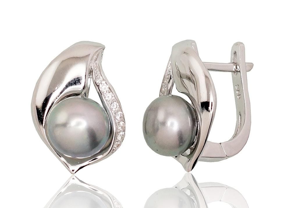 'Inglise' sulguriga hõbekõrverõngad #2202920(PRh-Gr)_CZ+PE-GR, Hõbe 925°, roodium (kate), Tsirkonid , Pärlitest - Premiumkellad