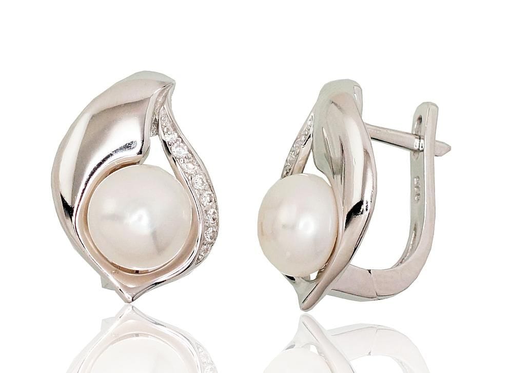 'Inglise' sulguriga hõbekõrverõngad #2202920(PRh-Gr)_CZ+PE, Hõbe 925°, roodium (kate), Tsirkonid , Pärlitest - Premiumkellad