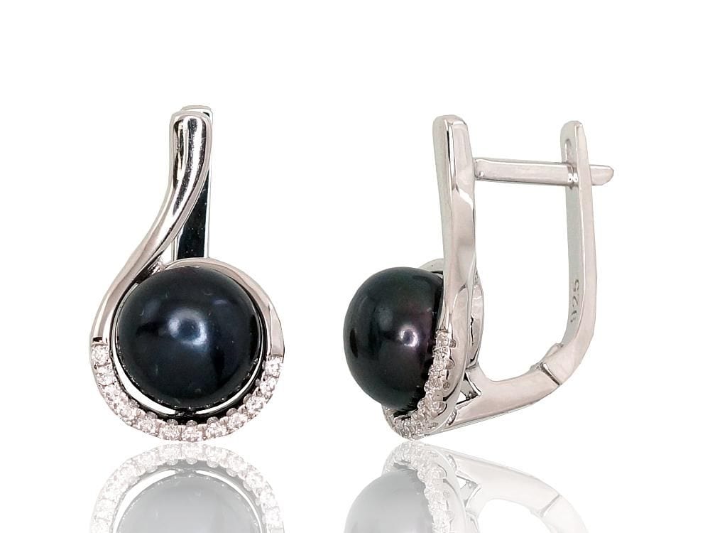 'Inglise' sulguriga hõbekõrverõngad #2202933(PRh-Gr)_CZ+PE-BK, Hõbe 925°, roodium (kate), Tsirkonid , Pärlitest - Premiumkellad