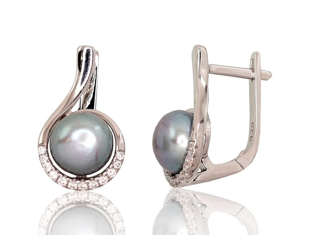 'Inglise' sulguriga hõbekõrverõngad #2202933(PRh-Gr)_CZ+PE-GR, Hõbe 925°, roodium (kate), Tsirkonid , Pärlitest - Premiumkellad