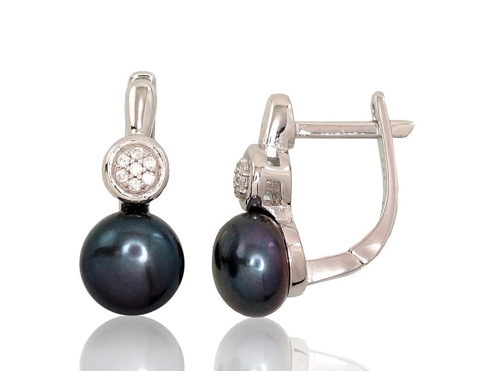 'Inglise' sulguriga hõbekõrverõngad #2202935(PRh-Gr)_CZ+PE-BK, Hõbe 925°, roodium (kate), Tsirkonid , Pärlitest - Premiumkellad
