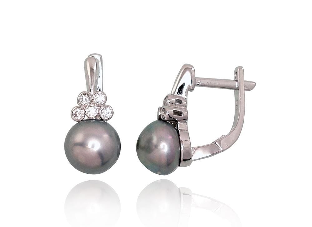 'Inglise' sulguriga hõbekõrverõngad #2202937(PRh-Gr)_CZ+PE-GR, Hõbe 925°, roodium (kate), Tsirkonid , Pärlitest - Premiumkellad