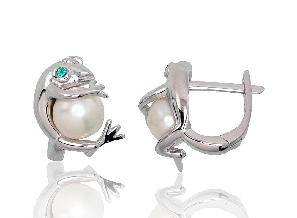 'Inglise' sulguriga hõbekõrverõngad #2202939(PRh-Gr)_CZ-G+PE, Hõbe 925°, roodium (kate), Tsirkonid , Pärlitest - Premiumkellad